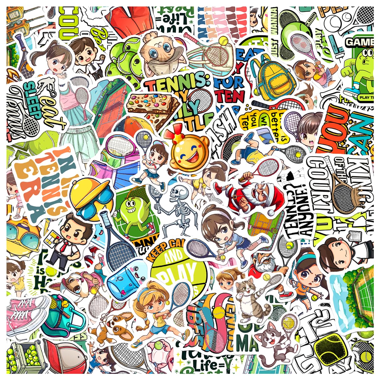 Photo 1 of 108Pcs Tennis Stickers Pack Cartoon Style Vinyl Decals for Water Bottles Laptop Skateboard Phone Journal Scrapbook Luggage Decoration Fun Quotes and Characters