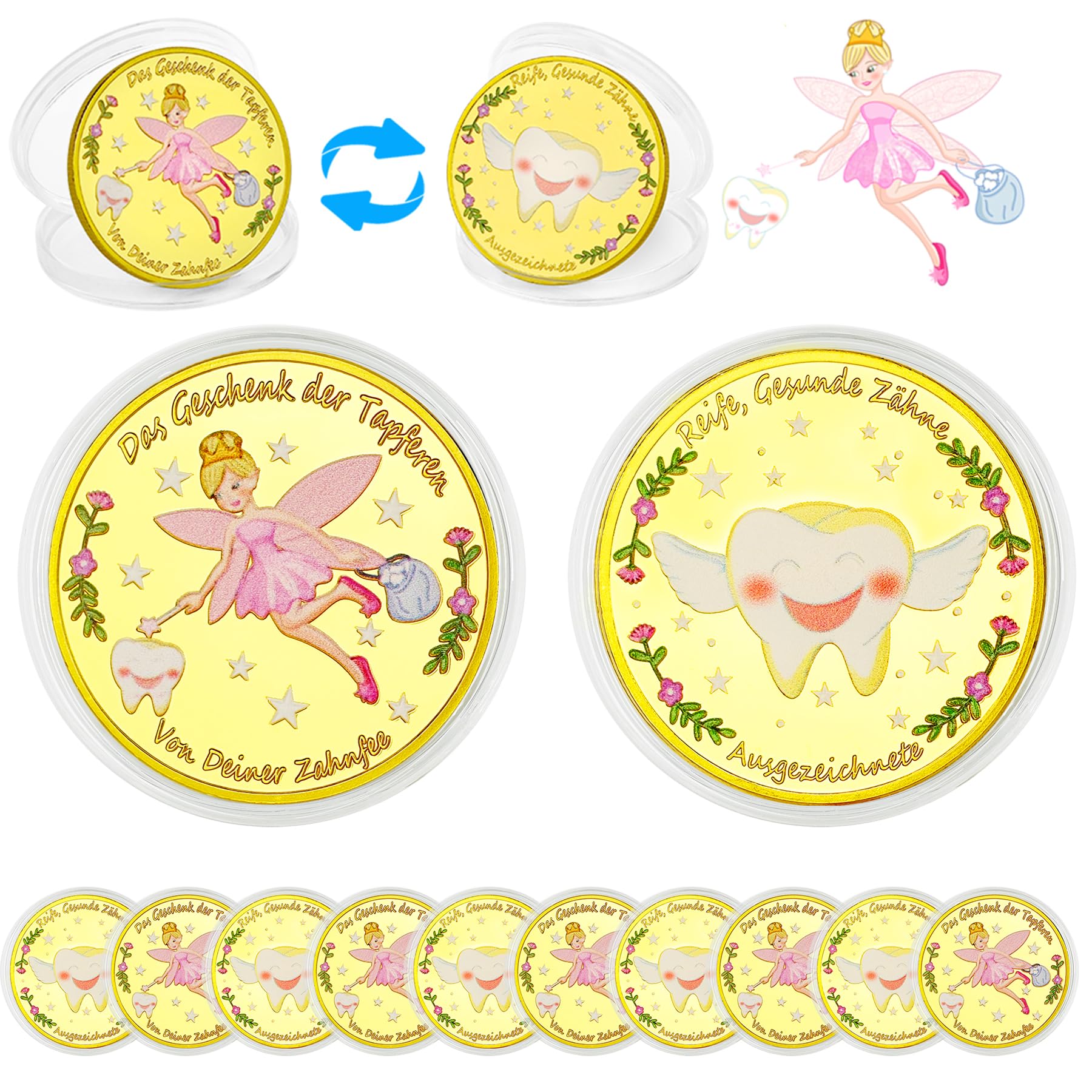 VEEKAY Tooth Fairy Coin, 10 Coloured Gold Coins, Tooth Fairy Gift, Gold Coins with Different Patterns on Both Sides, Colorful Tooth Fairy, Teeth, Commemorative Coin