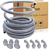 50 Foot Liquid-Tight Conduit Kit - 1/2inch Flexible Non Metallic Liquid Tight Electrical Conduit and 5 Straight and 4 Angle Fittings Included. 1/2" Dia