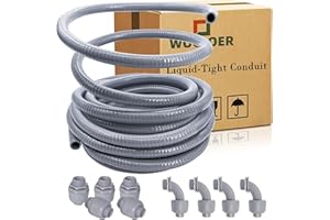 WOCLOER 50 Foot Liquid-Tight Conduit Kit - 1/2inch Flexible Non Metallic Liquid Tight Electrical Conduit and 5 Straight and 4 Angle Fittings Included. 1/2" Dia