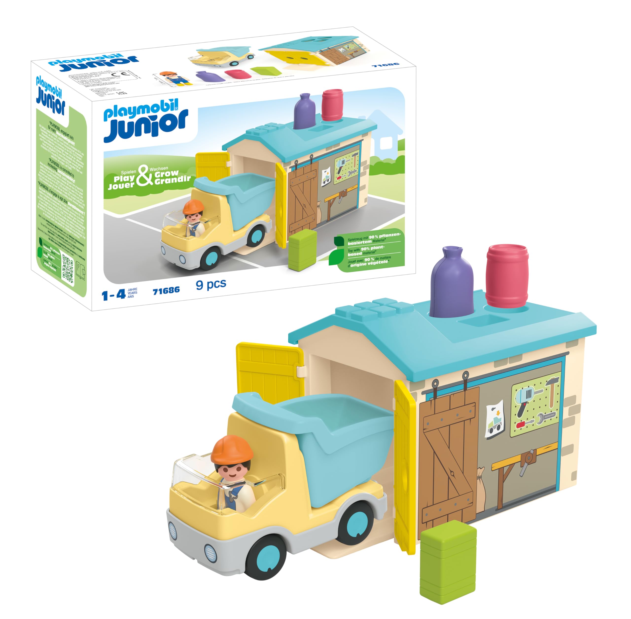 Playmobil 71686 JUNIOR: Truck with Sorting Garage, educational toy, made from over 90% plant-based plastics, fun imaginative role-play, playset suitable for children ages 1+