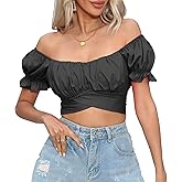 COOUFE Women's Crop Tops Ruffle Short Sleeve Tie Back Summer Off Shoulder Top Blouse