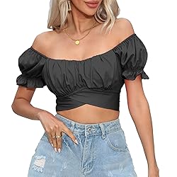 COOUFE Women's Crop Tops Ruffle Short Sleeve Tie