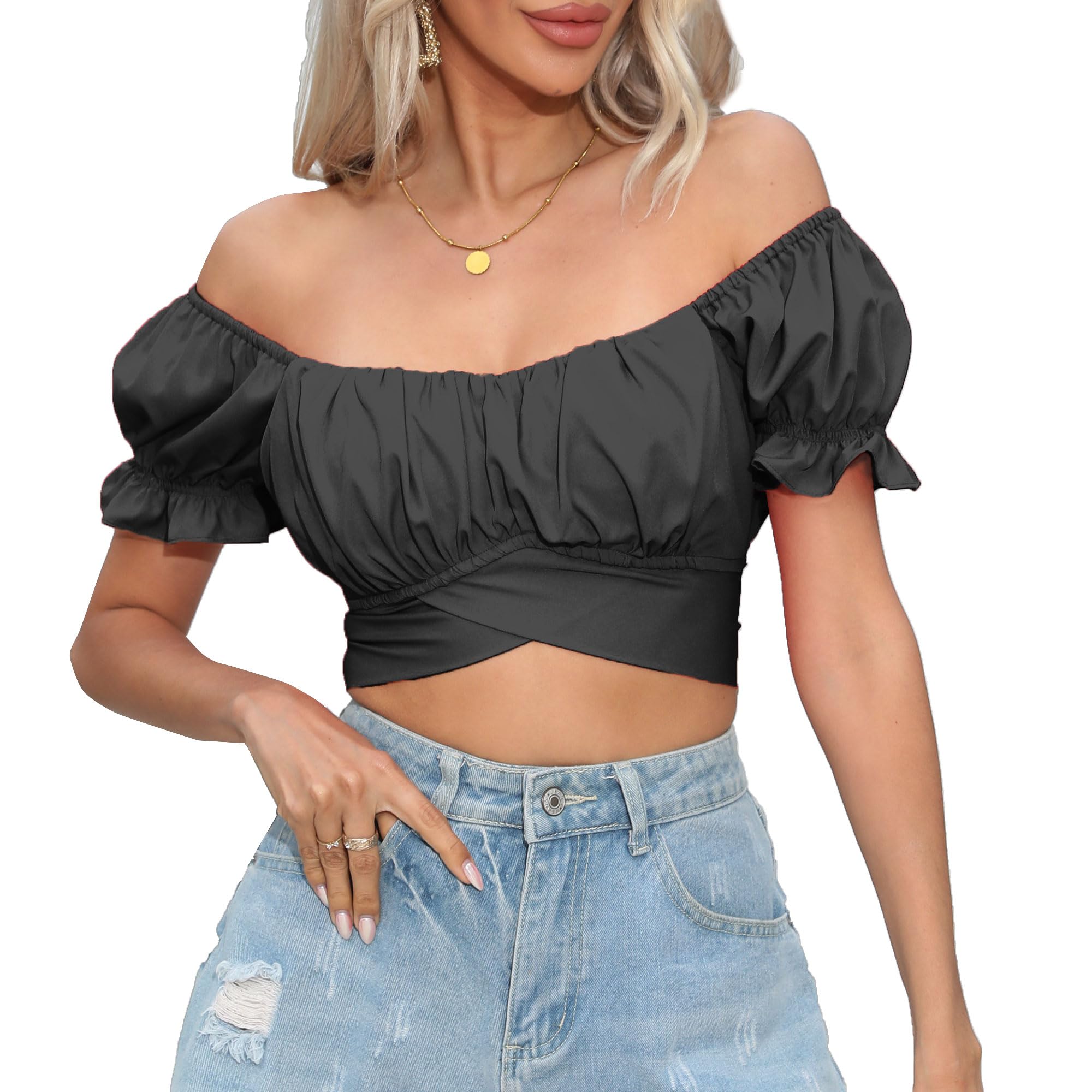 COOUFE Women's Crop Tops Ruffle Short Sleeve Tie