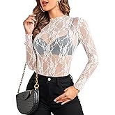 Avidlove Women's Mesh Top Long Sleeve Mock Neck Sheer Blouse See Through Floral Lace Tops