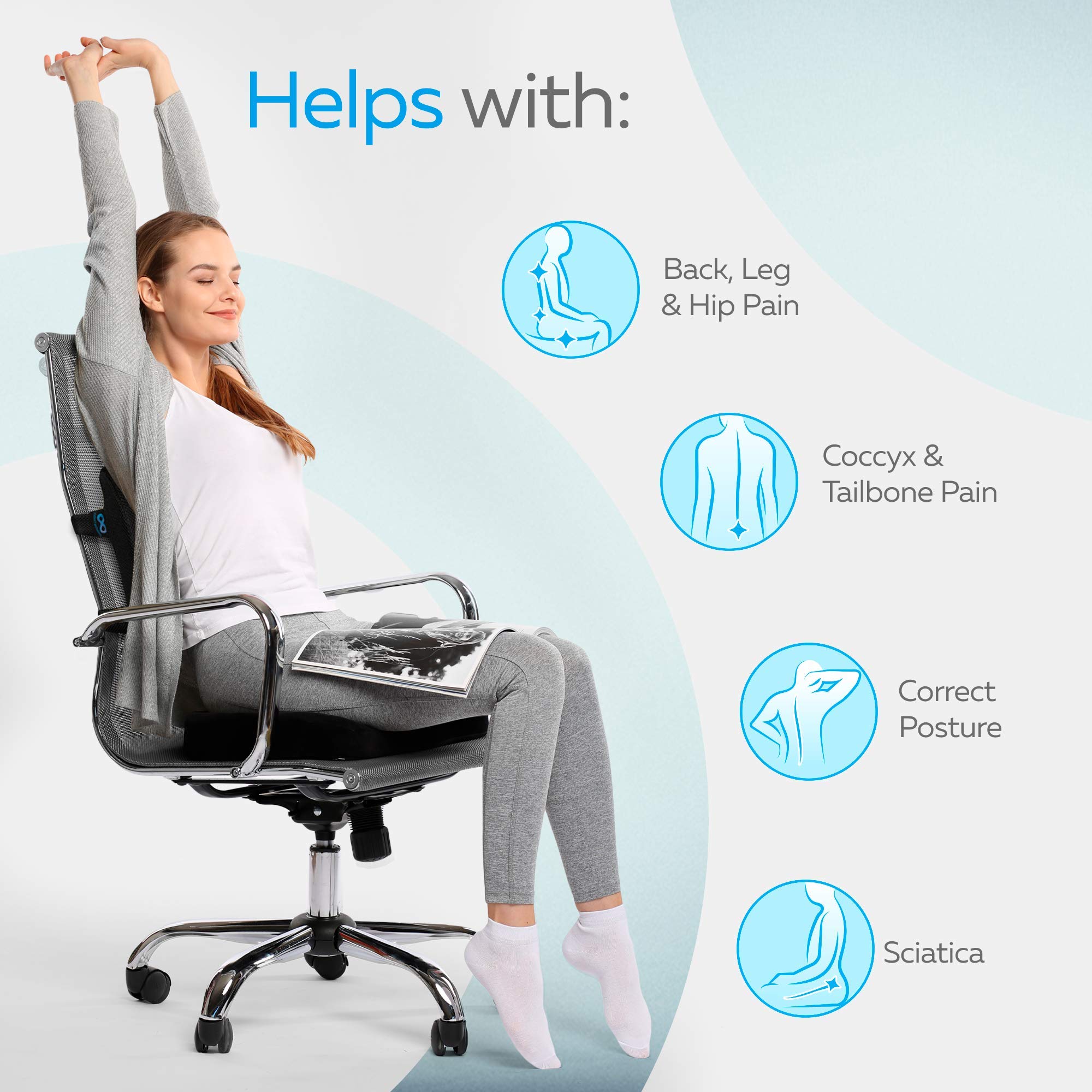 Memory Foam Seat Cushion/Back Cushion Combo, Gel Infused & Ventilated, Orthopedic Design. Perfect for Office Chair, Relieves Back, Coccyx, Sciatica, Tailbone, Lumbar Pain, by Everlasting Comfort