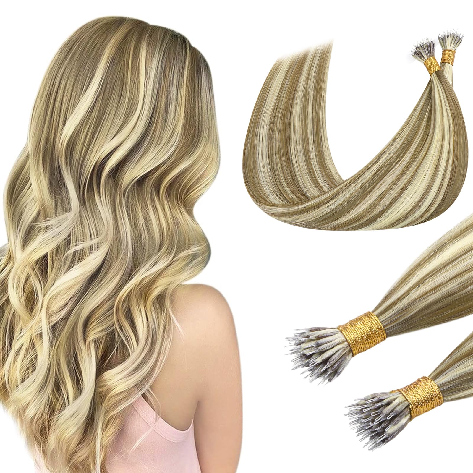 DOORES Nano Beads Hair Extensions, Light Brown Highlighted Medium Blonde 16 Inch 50g 100s, Remy Full Head Nano Hair Extensions Real Human Hair โ image 1