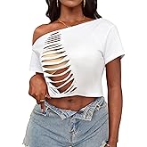 Hilinker Women Off The Shoulder Crop Tops Sexy Cut Out Ripped Short Sleeve Cropped T Shirts