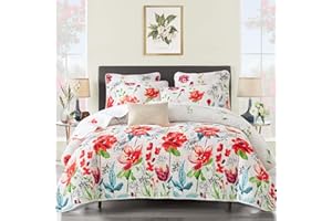 UOZZI BEDDING 2 Piece Twin 68x86 Reversible Floral Quilt Set White Red Green Colorful Soft Microfiber Lightweight Summer Coverlet Red Flowers Kids Bedspread for All Season -1 Quilt +1 Pillow Shams