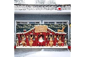 AIBIIN 13x6ft Christmas Garage Door Cover Banner Merry Christmas Door Cover Hanging Xmas Garage Door Decorations Santa's Stables Reindeer Xmas Backdrop Sign for Indoor Outdoor Wall Door House Decor