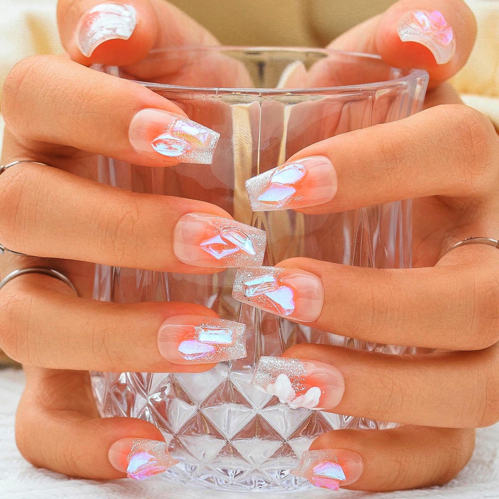 Sethexy Medium Long Coffin Handmade False Nails - Blush, Rhinestones, Flower, Glitter French Tip Press on Nails Women Salon Stick on Nails10PCS