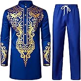 LucMatton Men's African Attire 2 Piece Set Gold Foil Print Mandarin Collar Long Sleeve Shirt and Pants Suit Dashiki Outfit
