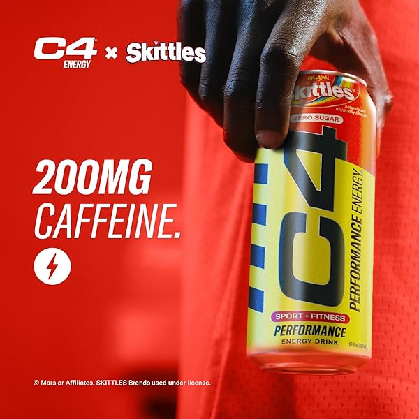 CELLUCOR C4 PERFORMANCE ENERGY DRINK | SKITTLES | ZERO SUGAR CARBONATED PREWORKOUT ENERGY | 200MG CAFFEINE WITH BETA ALANINE | 16 FL OZ (12 PACK)