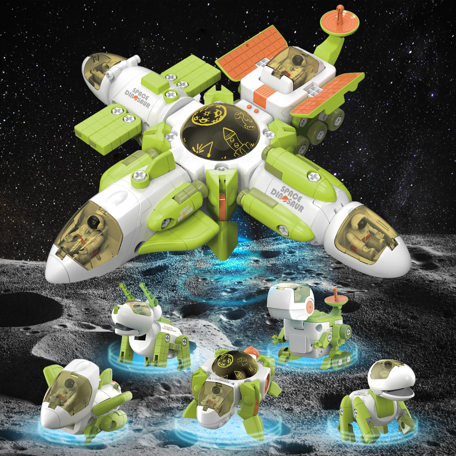 Baeroly 5-in-1 Space Dinosaur Transforming Toy Set - Space Station take-apart Transforms into 5 Dinosaurs toy or 5 Spaceships toy for Boys,Girls 3,4,5,6,7,8,9 year old for Birthdays and Christmas