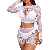 Avidlove Fishnet Lingerie Sets for Women Sexy Two Piece Rave Outfits Mesh Bodysuit Clubwear