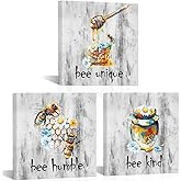 KLVOS 3-Piece Honey Bee Canvas Wall Art - Unique Bee Themed Quotes Poster Prints - 12x12 Inch x3PCS