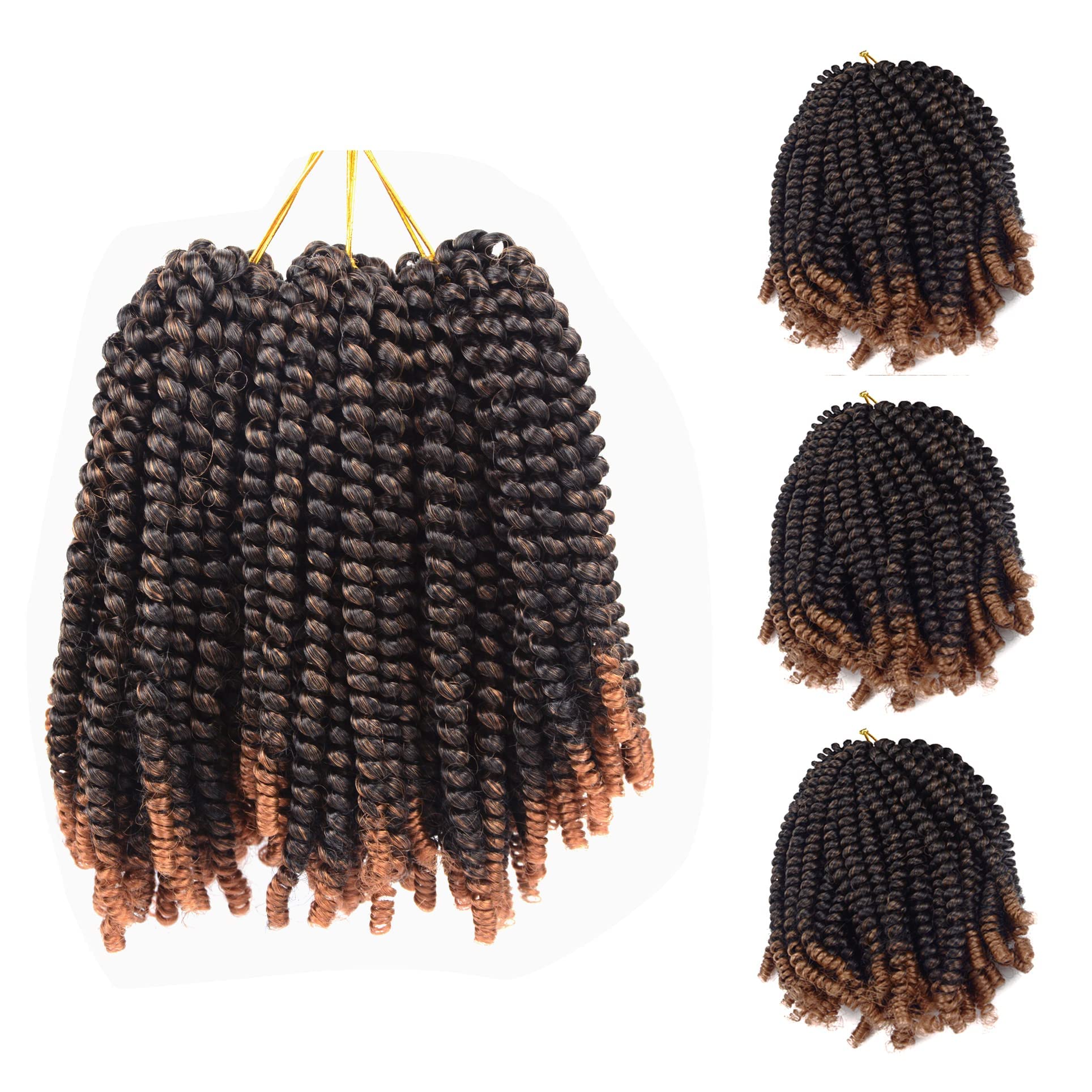 3 Pack Spring Twist Crochet Braiding Hair 90 Strands 8 Inch Twist Ombre Colors Crochet Braids Synthetic Braiding Hair Extensions Low Temperature Fiber (T1B/30#)