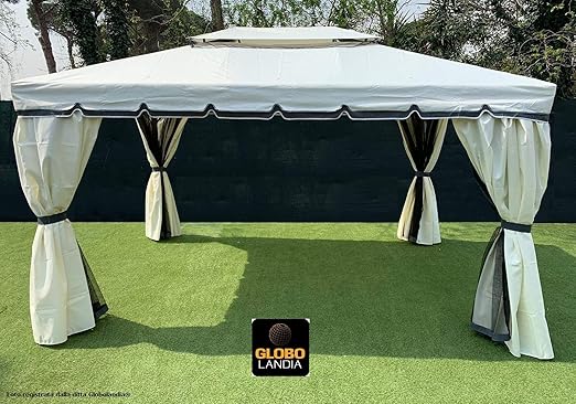 Eurolandia 8016454bia Nuovo Modello Gazebo 3x4 Ghiaccio In Alluminio Copertura 400 Gr Spalmata Pvc Antipioggia Zanzariere Teli Laterali