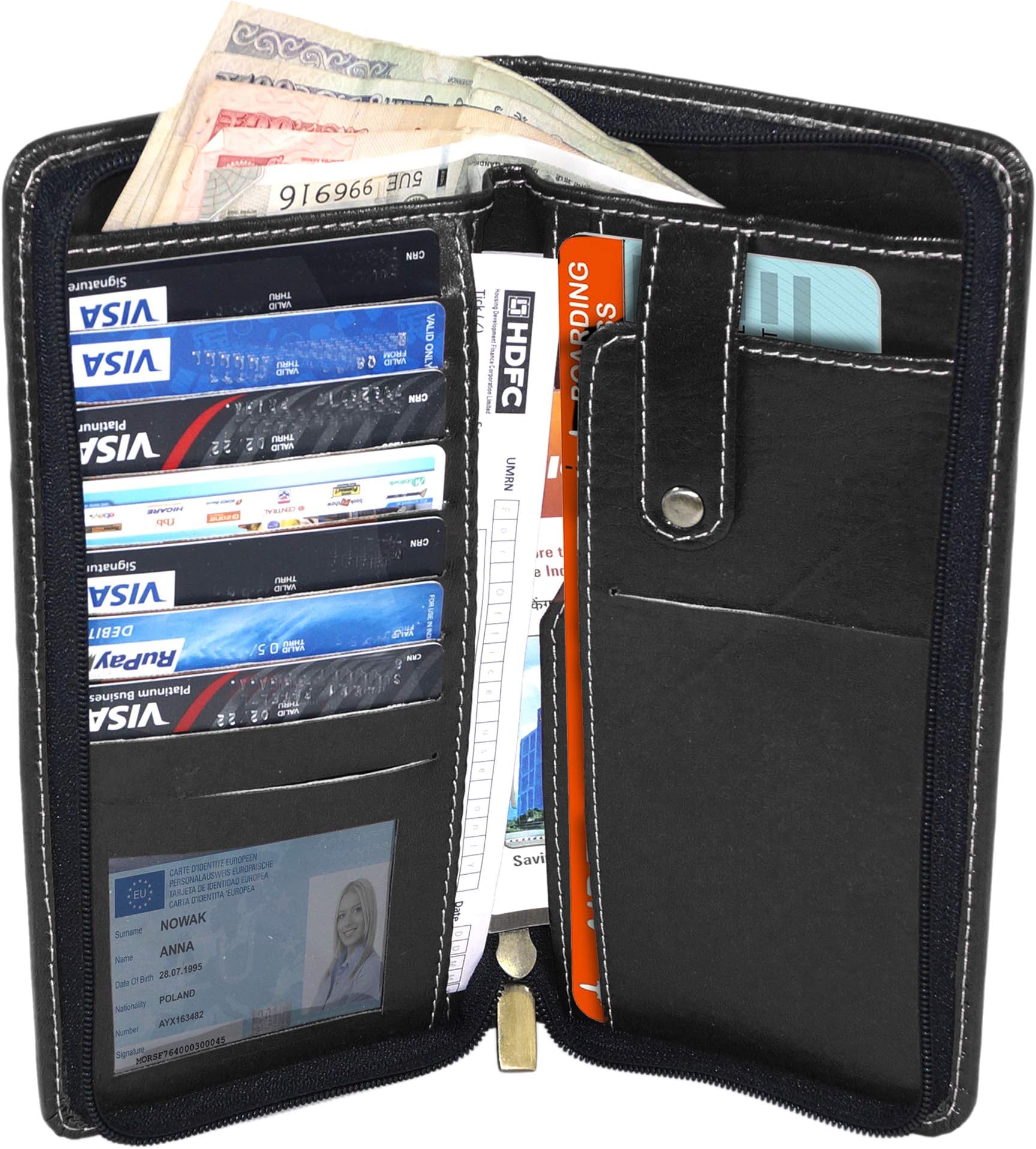 DAHSHA Leather Zipper Travel Passport Holder Wallet Credit Debit Card Holder, Passbook and Chequebook Organizer - Black