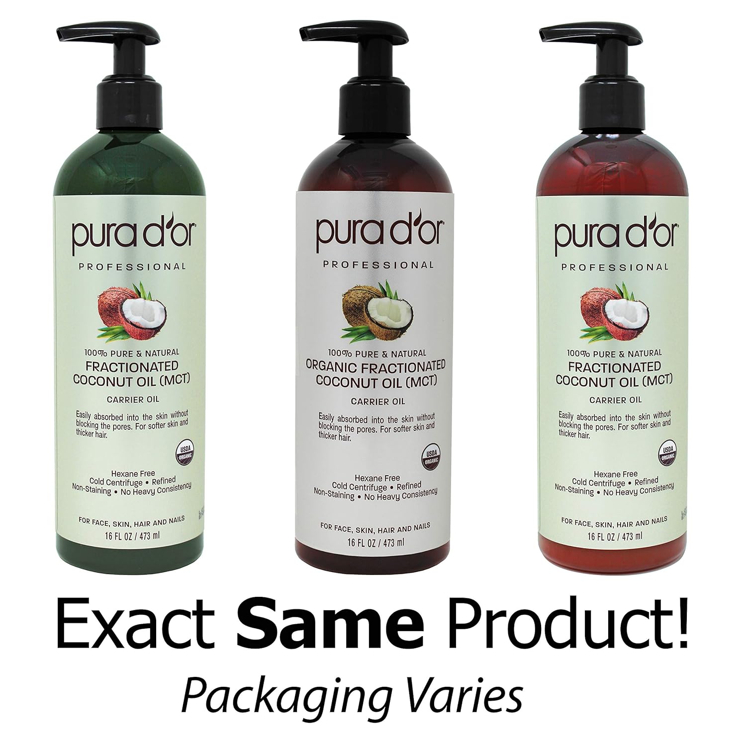 PURA D’OR Organic Fractionated Coconut Oil (16oz / 473ml) USDA Certified 100% Pure & Natural MCT Oil Sustainably Sourced Hexane Free Moisturizing Carrier Oil For Face, Skin & Hair (Packaging may vary): Beauty