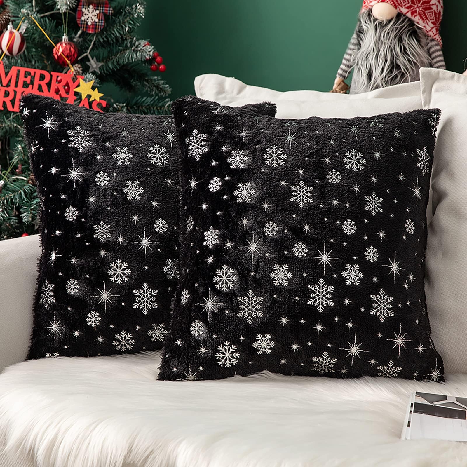 MIULEE Pack of 2 Christmas Cushion Covers Faux Fur Throw Pillow Cover Fluffy Soft Decorative with Snow Patterns Square Pillow Covers Plush Case for Sofa Bedroom 16 x 16 Inches 40 x 40 cm Black