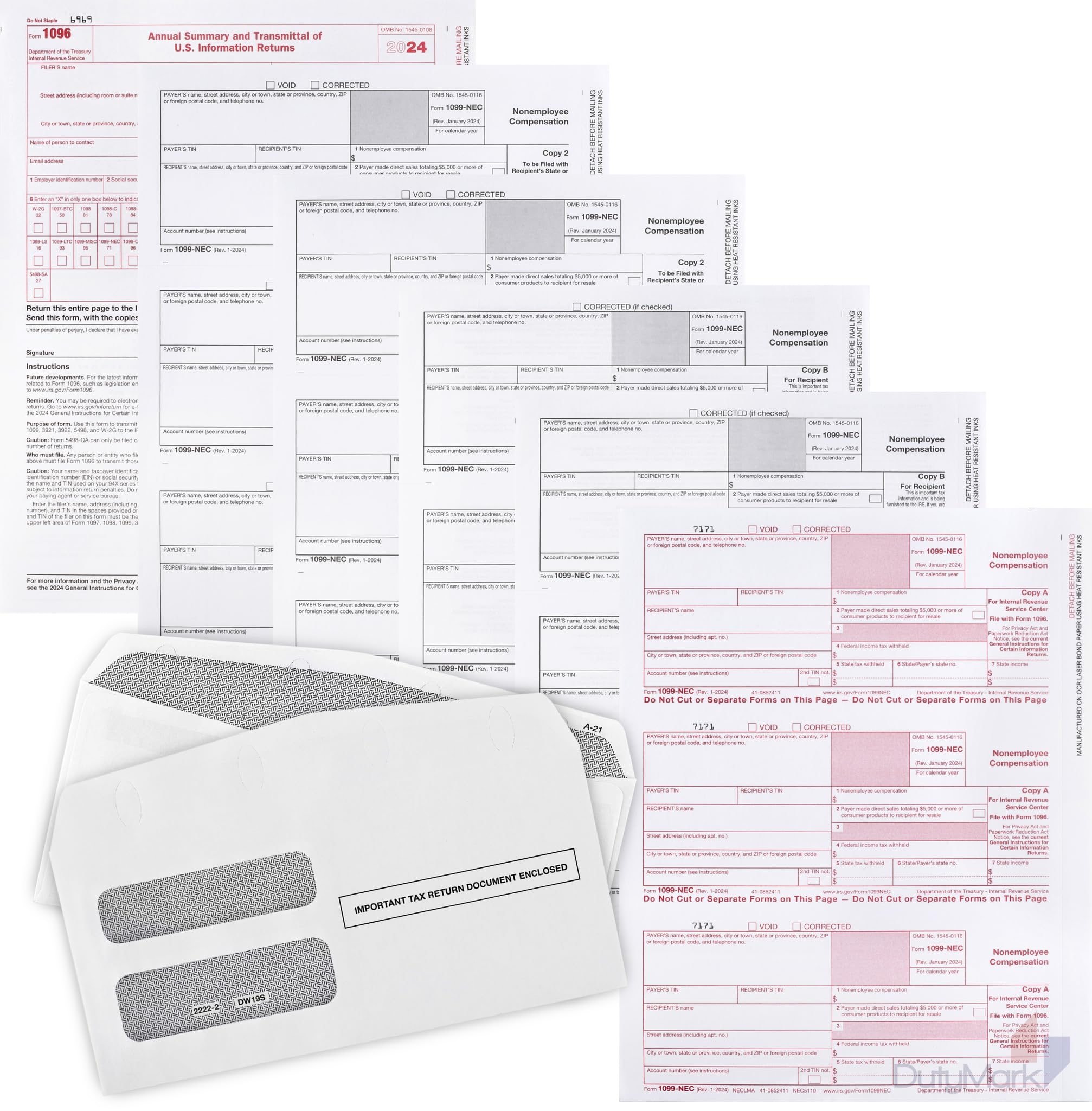 Photo 1 of 1099 NEC Tax Forms 2024, 50 4 Part Tax Forms Kit, 50 Self Seal Envelopes, US Government Forms - Compatible with QuickBooks and Accounting Software, Made in The USA 50 Pack