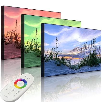Lightbox-Multicolor | LED Bild Leuchtbild | Gras am Strand bei Sonnenuntergang | 100x70 cm | Front Lighted