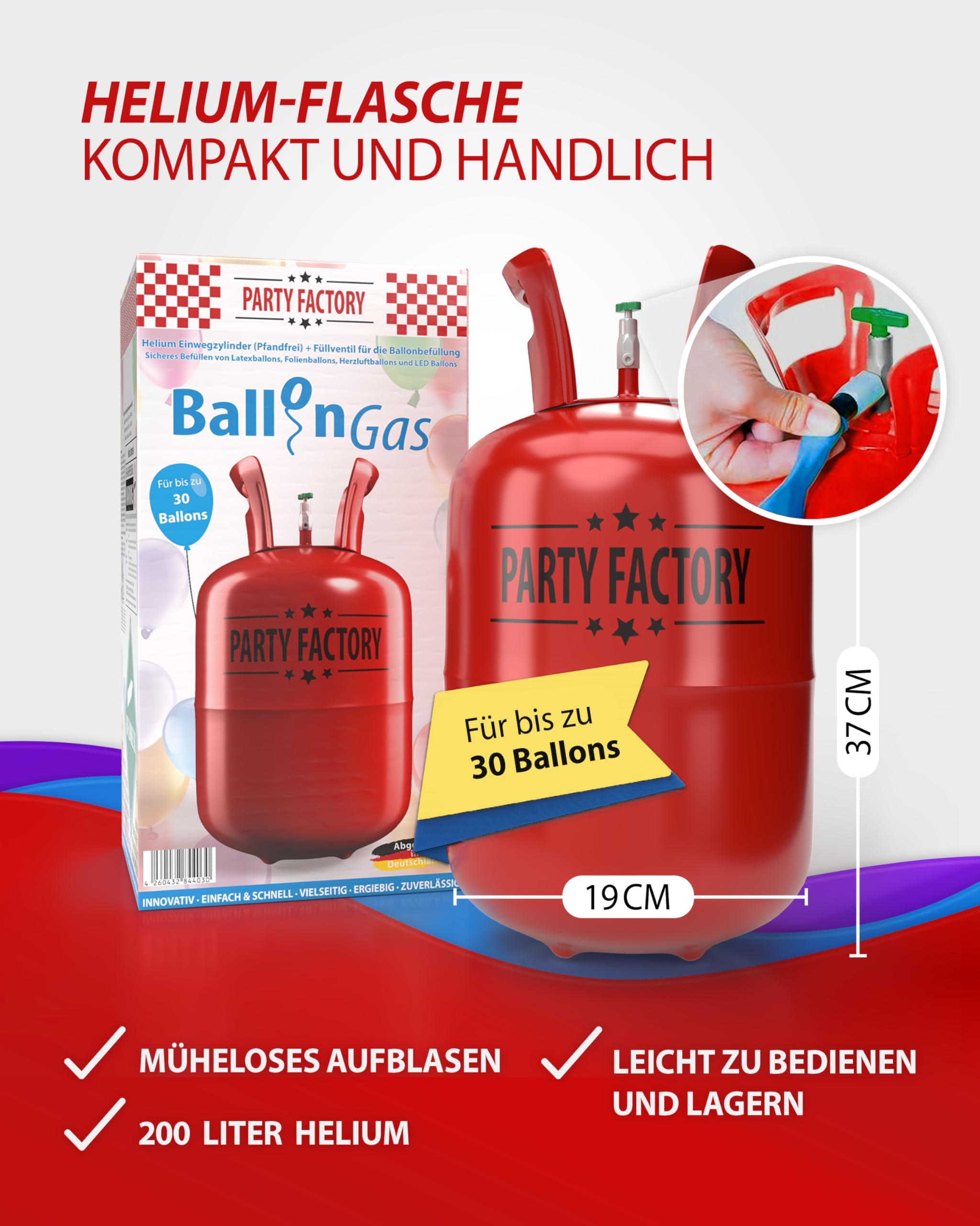 Party Factory – Helium Gasflasche 1x 200L für ca. 30 Luftballons – Partydeko Ballongas Flasche für Latex- & Folienballons – Einwegflaschen mit Knick-Füllventil – Für Partys, Hochzeiten und Geburtstage 4