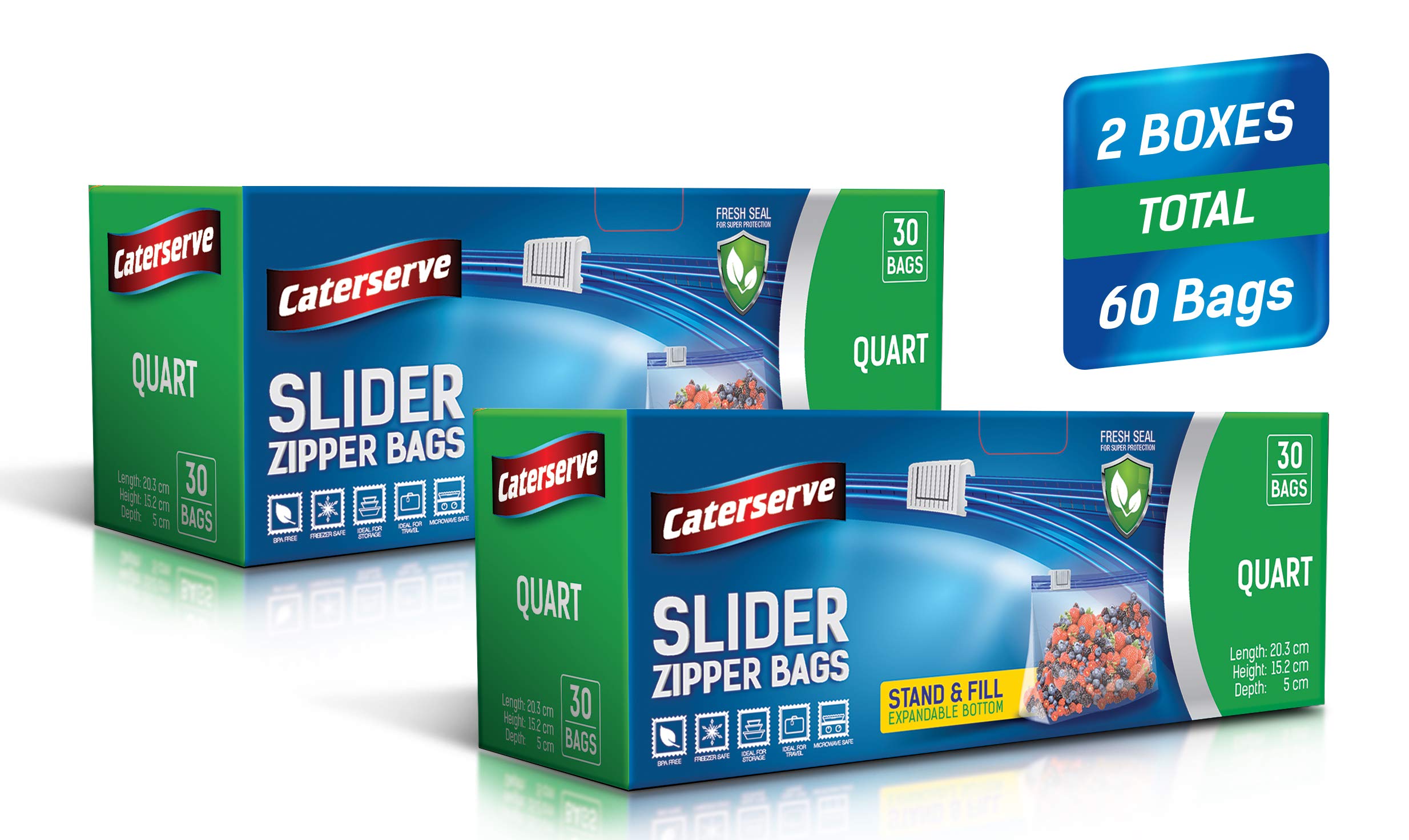 Slider Zipper Bags – Quart 1L Food Storage Bags Set of 60 – Resealable Food Bags for Travel, Home Use – Stand and Fill Expandable Bottom – Freezer and Microwave Safe