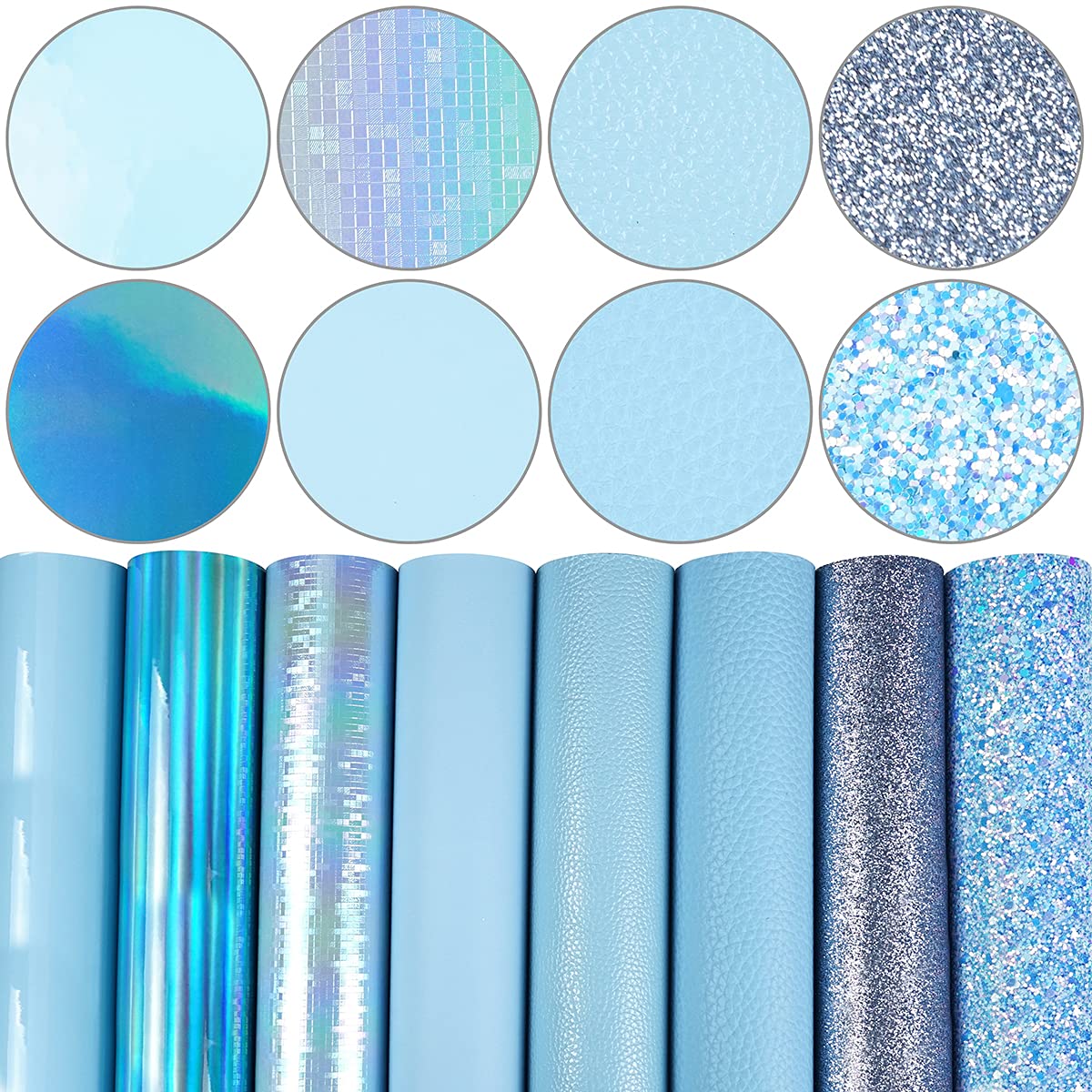 8 Pieces 8x12 Inch (21cmx30cm) Faux Leather Sheets Mixed Sky Blue Series Fine Chunky Glitter Metallic Litchi Patent Skin Texture Embossing Holographic Leather Fabric for Leather Bow Earring Making