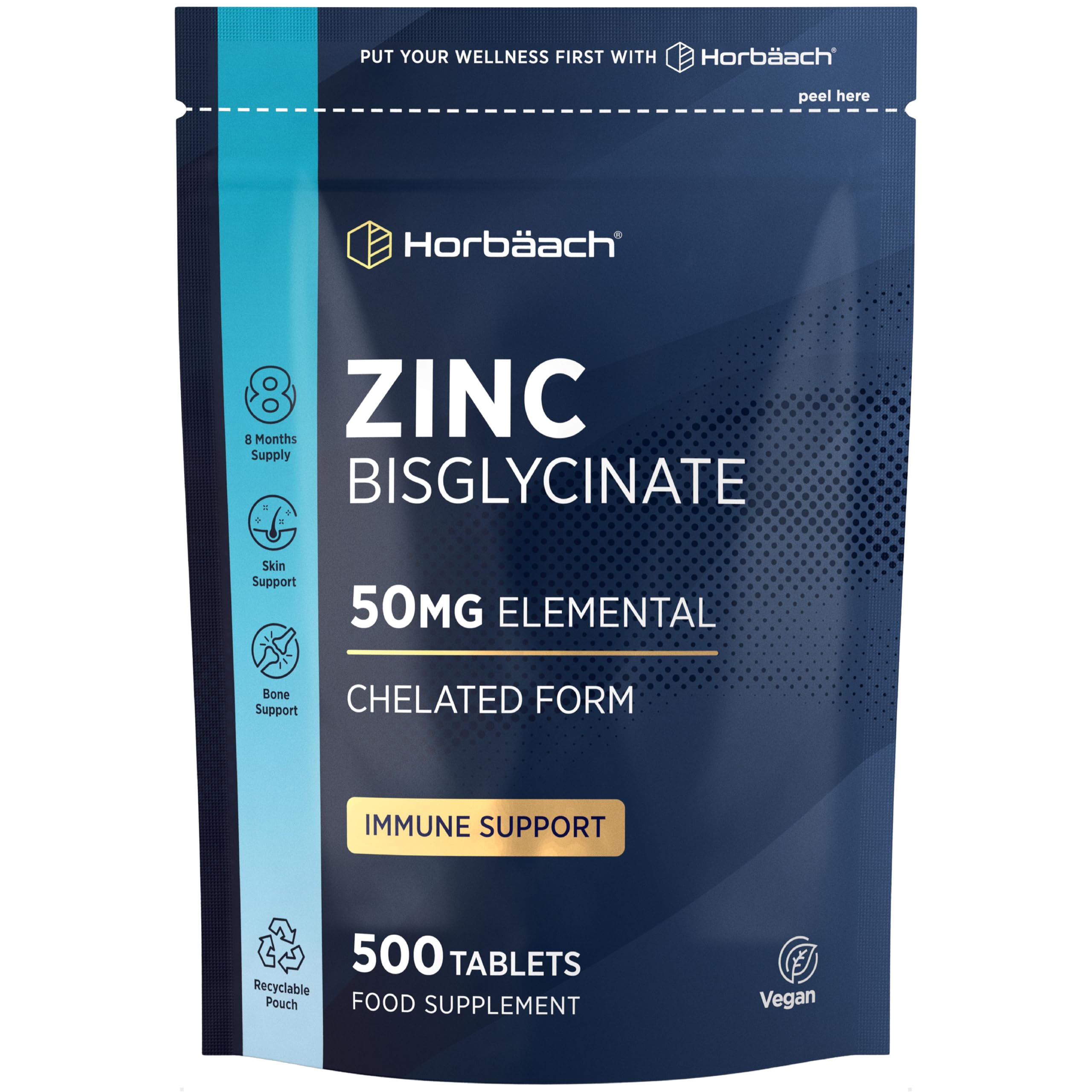 Zinc Tablets 50mg | 8+ Months Supply | High Absorption | Immunity, Bone, Hair, Skin & Nails Support Supplement | 500 Vegan Tablets | by Horbaach