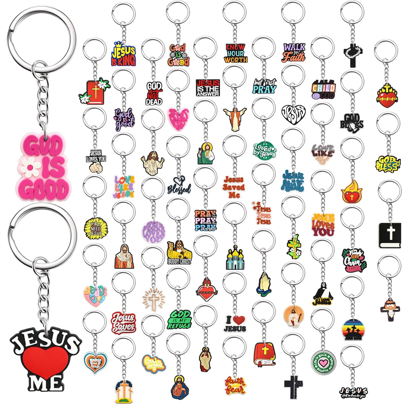 Photo 1 of Pabucle Cute Keychains Bulk,60 PCS Different Jesus Key Chain Accessories for Keys Backpack Bag Charm Gifts for Christian Party Favors