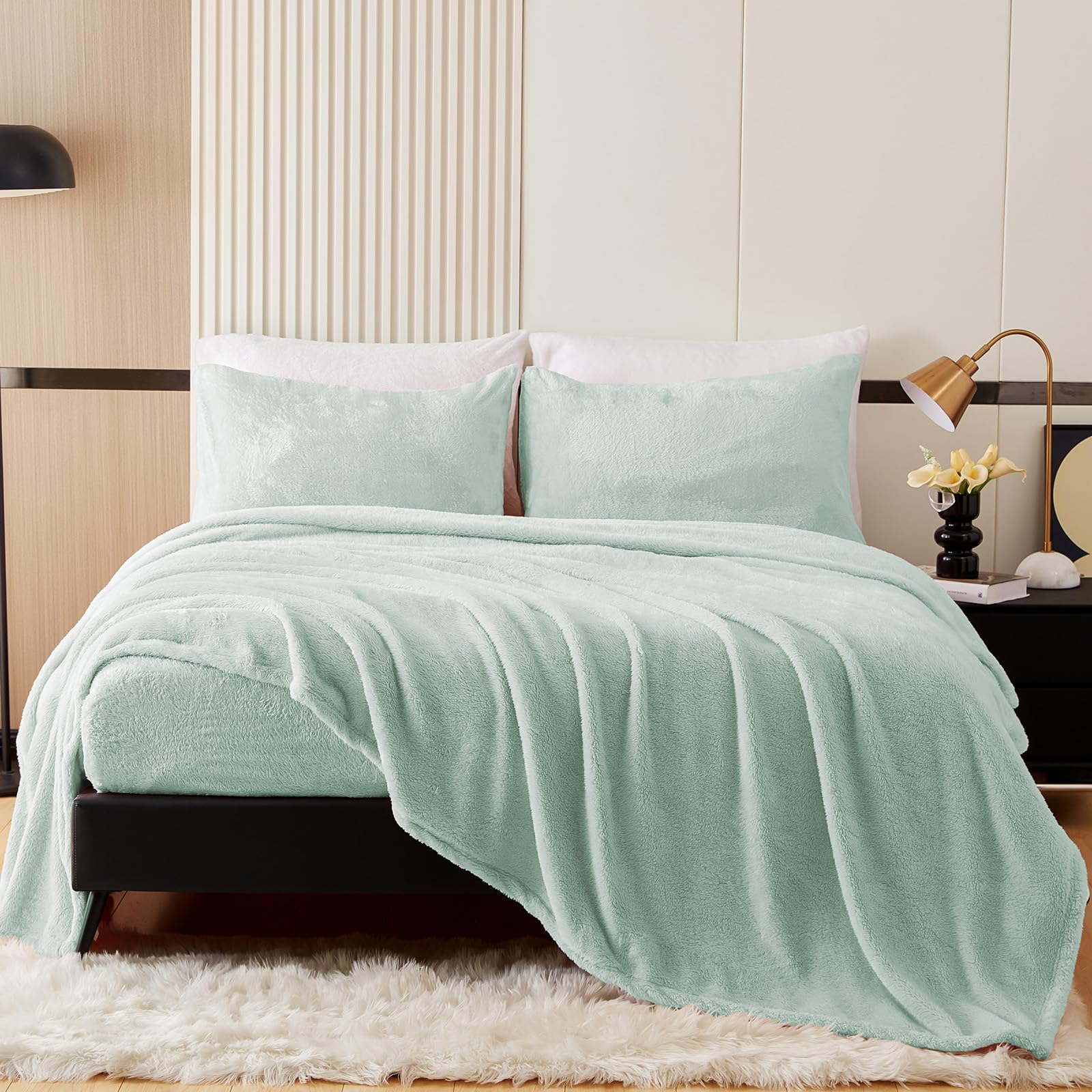 View 1 of YIYEA Faux Fur Sheets, Luxury Ultra Soft Fleece Bed Sheets Set, Fluffy Plush Velvet Bedding for Fall Winter, Cozy Warmth, No Shedding, 4PC, King, Aqua