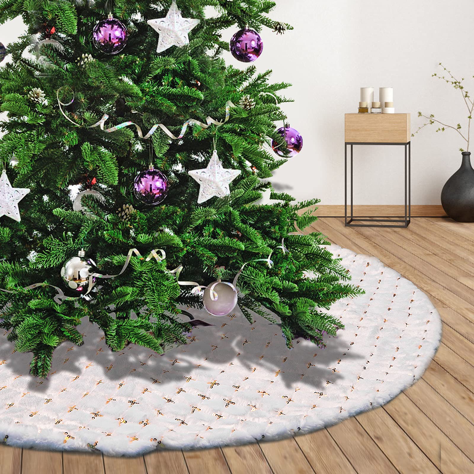 Deggodech 122cm White faux fur Christmas Tree Skirt Base Cover with Gold Cross Sequin Snow Plush Xmas Tree Skirt Mat for Christmas New Year Party Holiday Decorations (White-G, 48inches)