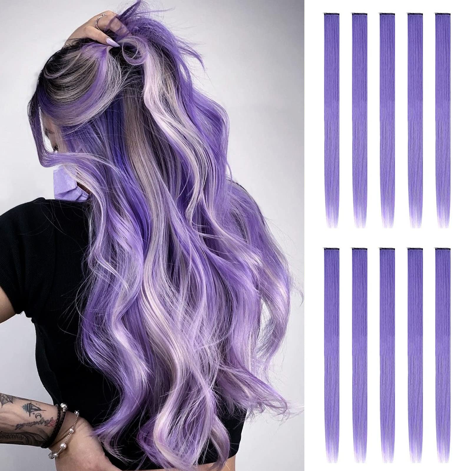 FESHFEN Coloured Clip in Hair Extensions, Purple 10 PCS Highlighted Colourful Straight Synthetic Lilac Clip in Hairpiecess for Women Daily Party, 22 inch โ image 1