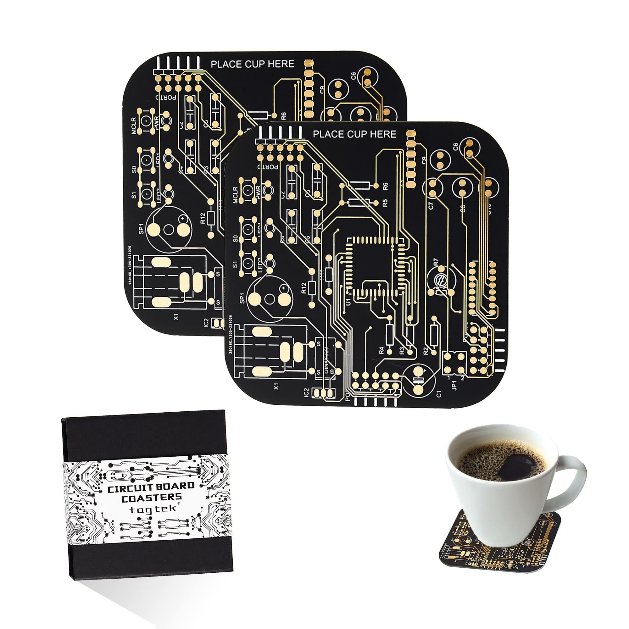 Photo 1 of Coasters for Drinks in PCB-Design Black Coasters Decor with Immersion Gold Circuit Board Coasters for Coffee Table Gamer Bar Office Cute Stuff for Boyfriend Geeky Engineer Dad Men (2 x Black/Pack)