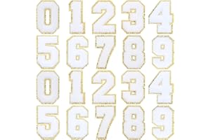 JUINTE 20 Pcs 3.15 in Chenille Iron on Numbers Patches Embroidery Numbers with Glitter Sequins Sew 0-9 Number Applique for Team Uniform Sports T Shirt Football Jeans Bags Decors(White)