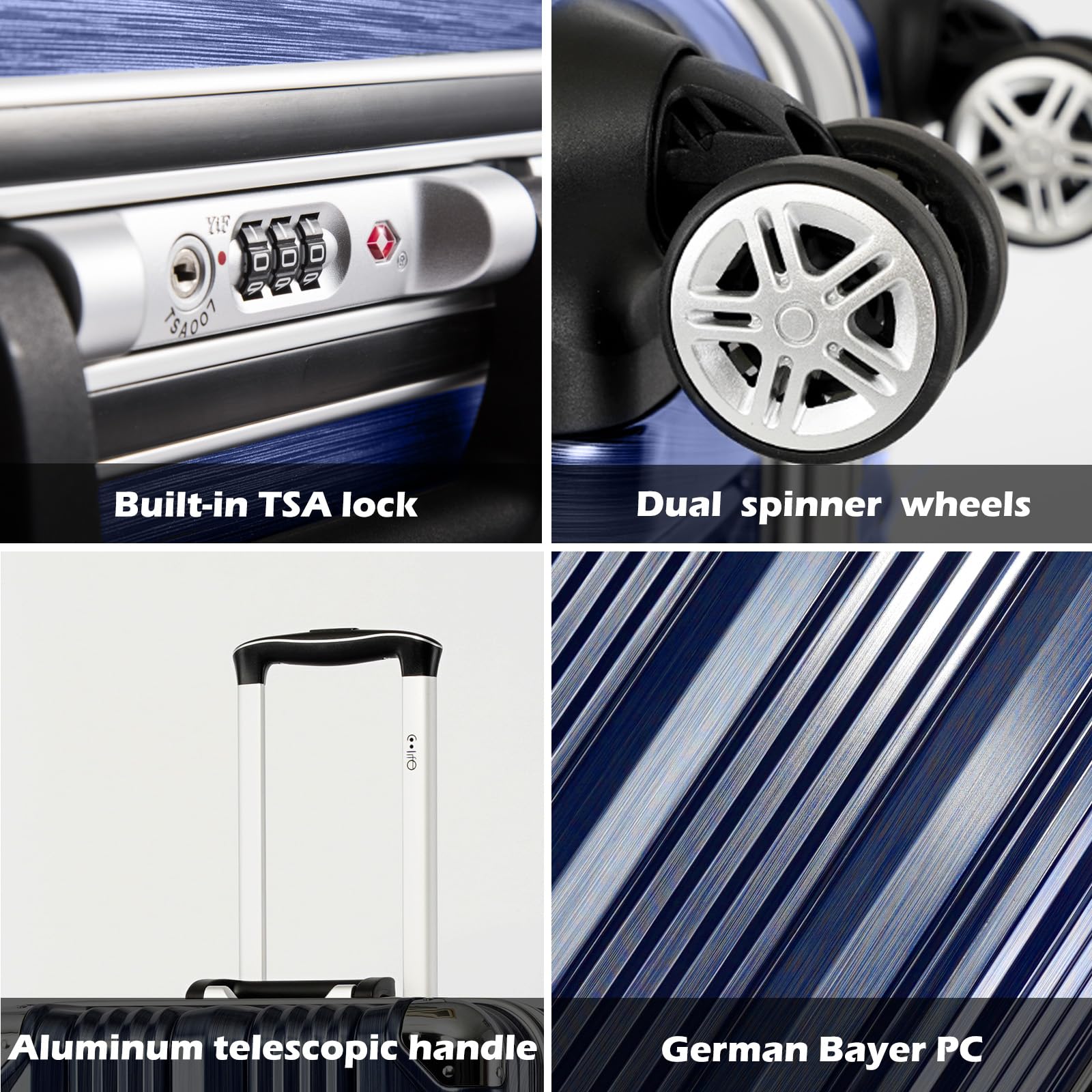 Coolife Luggage Aluminium Frame Suitcase TSA Lock 100% PC 20in 24in 28in (Black, L(28in))
