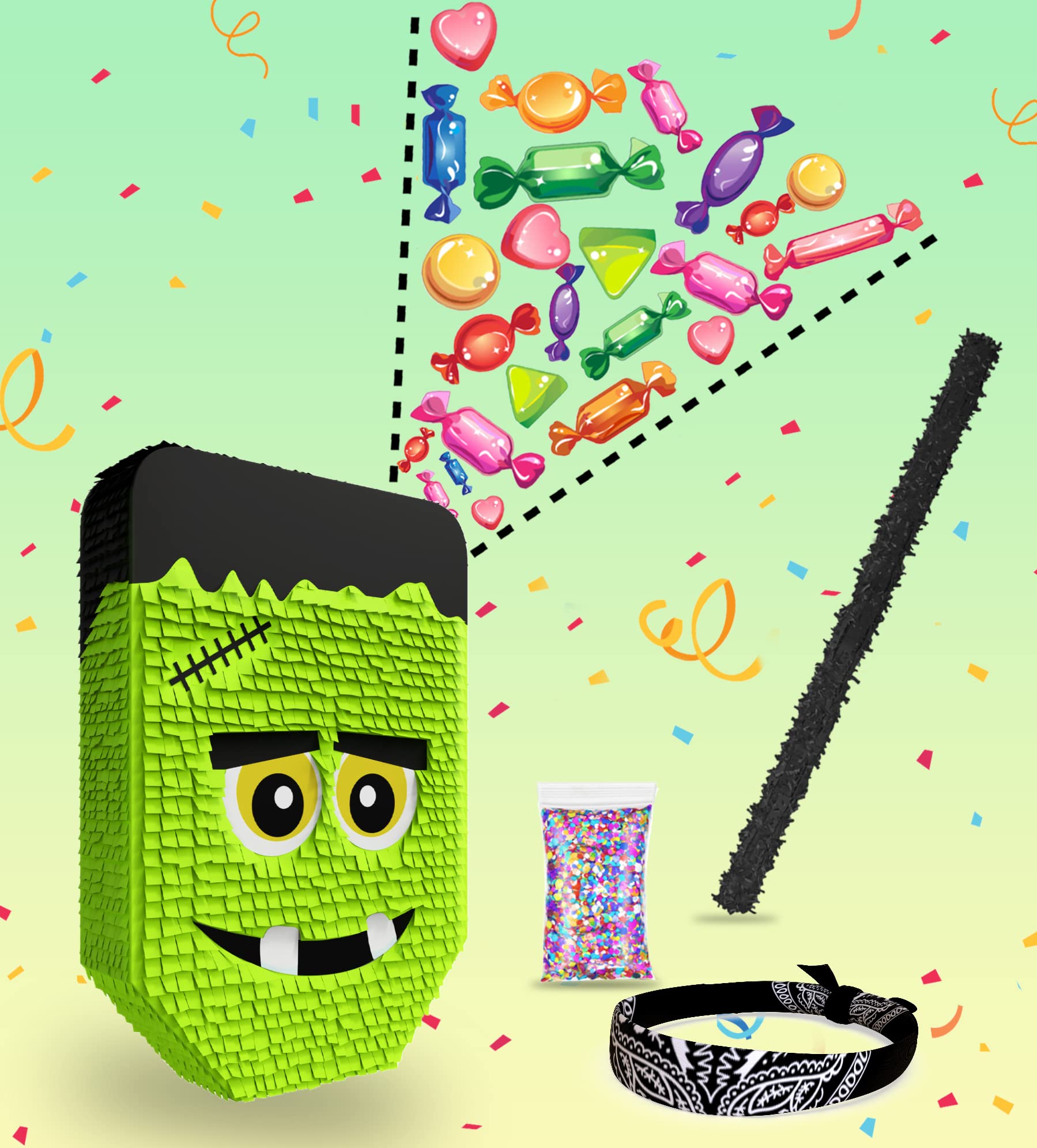 Cute Frankenstein Halloween Piñata 3-piece Bundle for kids and adults, fits 2lbs of candy, perfect for Halloween party, spooky decorations, October birthday and party supplies