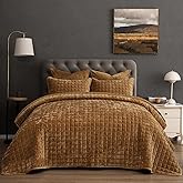 PHF Luxurious Velvet Quilt Set Queen Size – 3PCS Super Soft Quilted Comforter Alternative with Square-Box Quilt Pattern, Warm Quilted Bedspread Coverlet, 90" x 92", Rusty Burnt Orange