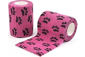 AUPCON Vet Wrap Cohesive Bandages Bulk Self Adhesive Bandage Wrap Self Adherent Wrap Non-Woven for Dogs Pet Animals & Ankle Sprains & Swelling 3 Inch x 5 Yards (2 Pack Pink Paws)