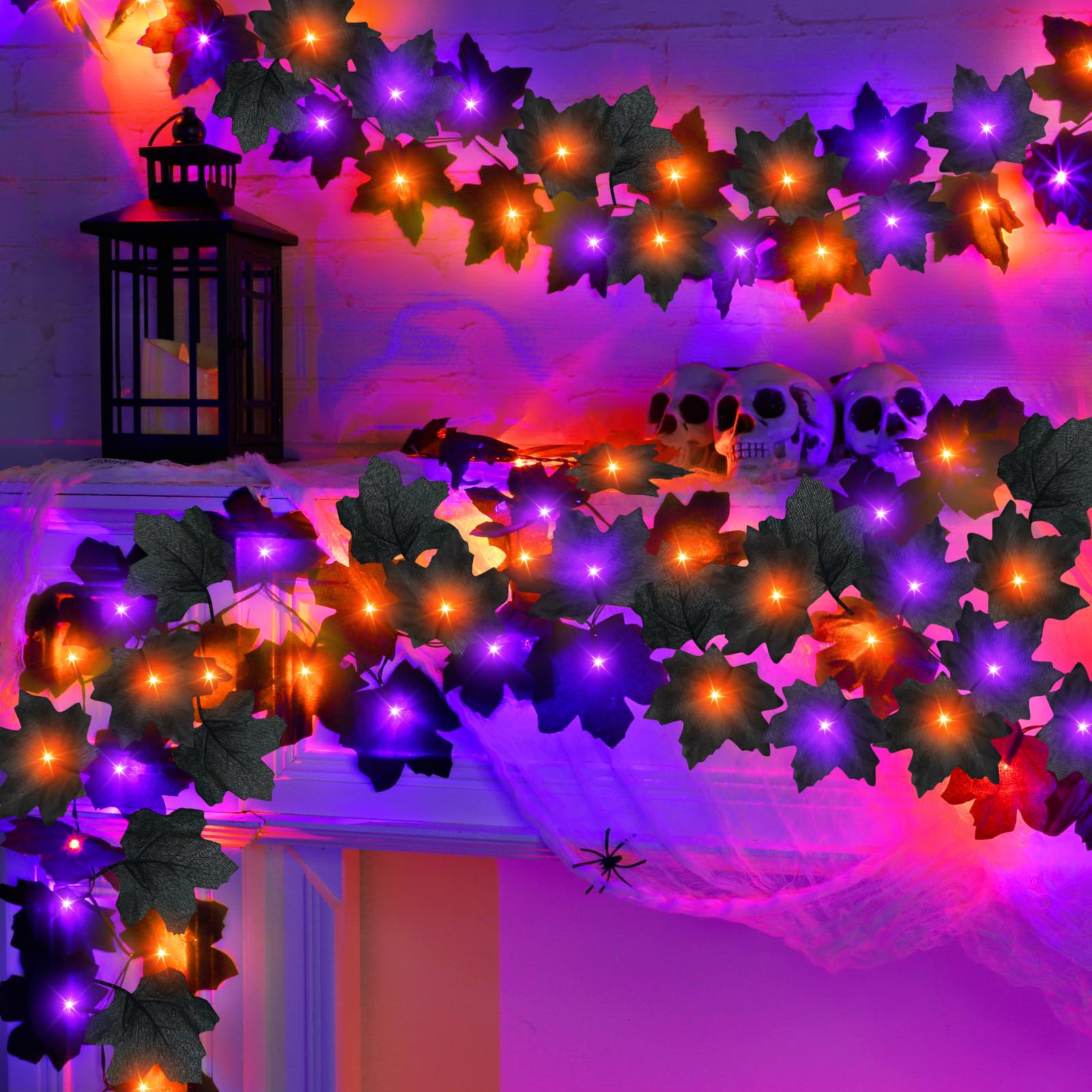 Photo 1 of 3 Pack Black Halloween Garland with Lights, Total 18 Ft 90 LEDs Orange & Purple Lights, Maple Leaf Garland String Lights Battery Operated for Table Fireplace Porch Halloween Decorations Indoor Outdoor