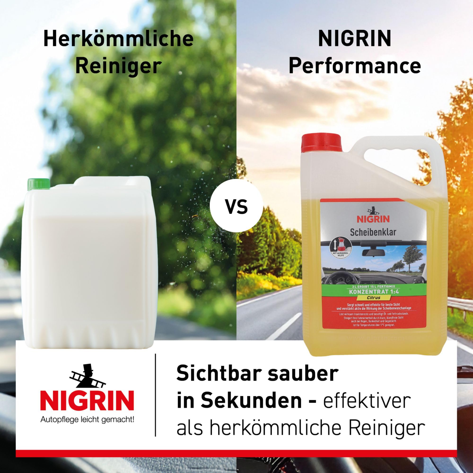 NIGRIN Scheibenklar Konzentrat 1:4 Citrus | 3 Liter | Reinigungszusatz für Autoscheiben und Scheinwerfer | integrierte Ausgießhilfe | entfernt Insekten, Fett | schlierenfrei | sehr ergiebig | ab 5°C 2