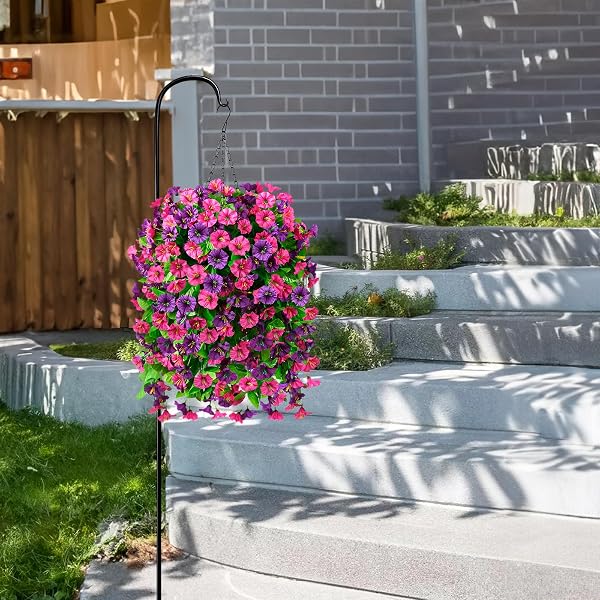 INQCMY ARTIFICIAL FLOWERS FOR OUTDOOR SPRING SUMMER DECORATION FAUX SILK MORNING GLORY FAKE HANGING FLOWERS UV RESISTANT LOOK REAL FOR HOME PORCH (3PCS FUCHSIA&PURPLE +1 BASKET)