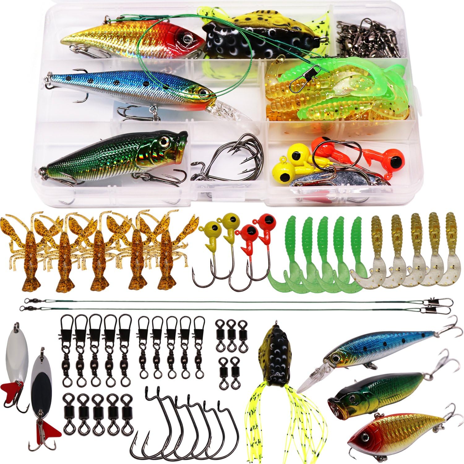 SUPERTHEO Fishing Lure Set Fishing Spoons Frog Lures Soft Hard Metal Lure Crank Popper Minnow Pencil Jig Hook for Trout Bass Salmon with Tackle Box