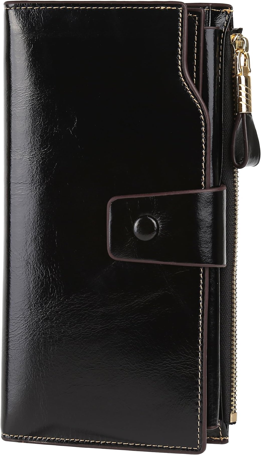 GDTK Women's Large Capacity Luxury Wax Genuine Leather Purse Wallet (Black RFID Blocking)