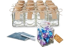 Otis Classic Square Glass Jars with Lids - Set of 12 Mini Glass Jars with Corks for Wedding & Party Favors, DIY Crafts, Potions, Spices & Candy, 3.4 oz