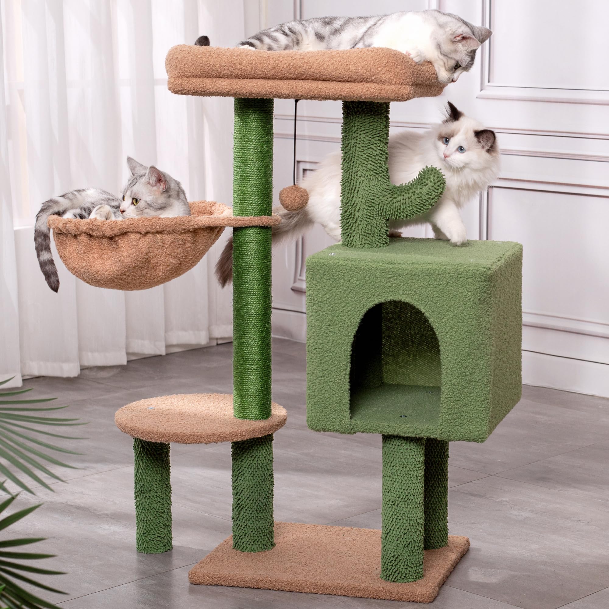 Photo 1 of Meowrista Cactus Cat Tree Small Cat Tower with 32 Inches Scratching Post with Cats Condo House, Cozy Hammock and Removable Top Bed and Dangling Ball for Indoor Cats-34” Green