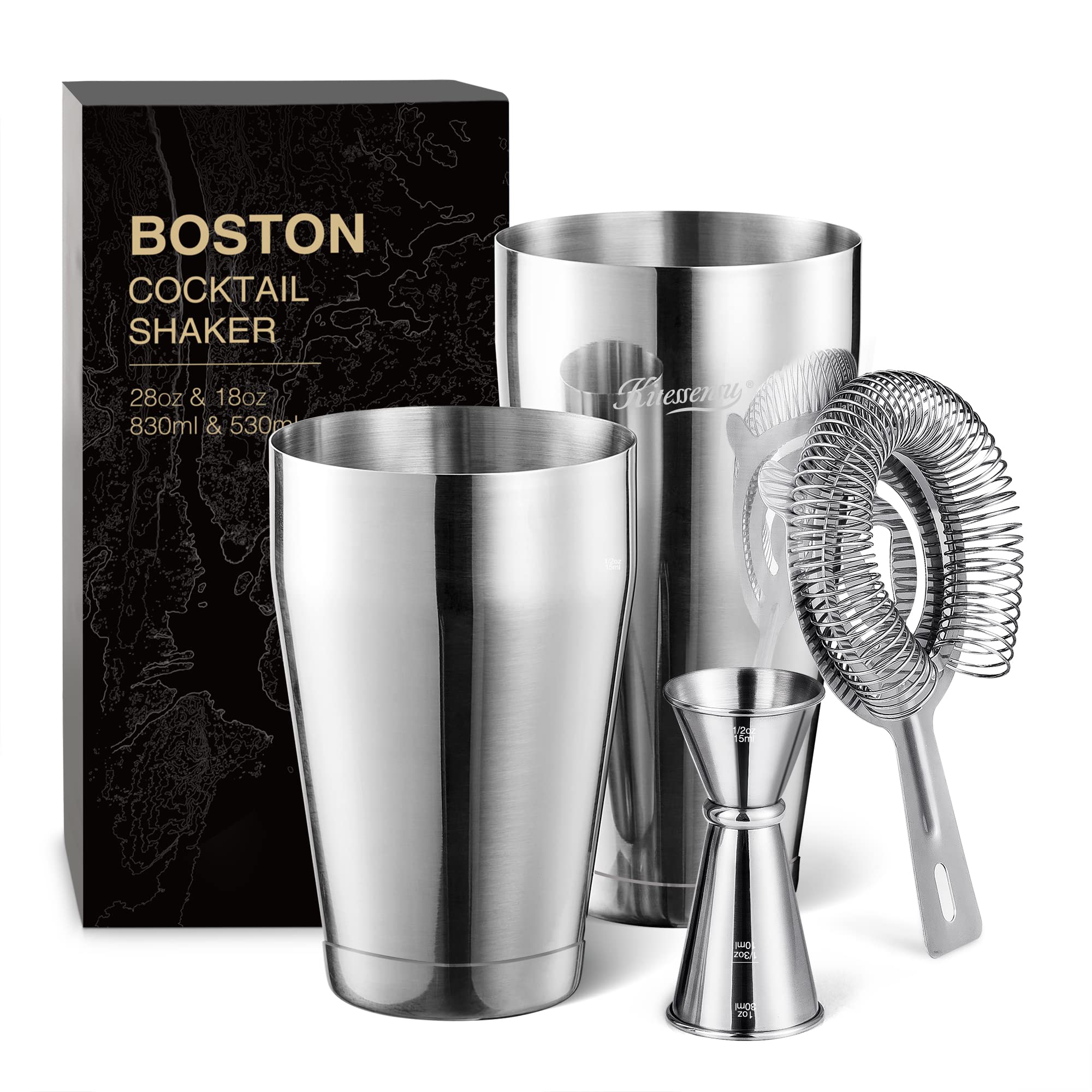 Photo 1 of KITESSENSU Boston Cocktail Shaker Set, 4-Piece Boston Shaker Tins Bartender Kit with 18oz & 28oz Mixed Drink Shaker, Hawthorne Strainer, Double Measuring Jigger, Cocktail Recipe Cards Included