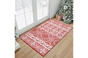 HUGEAR Christmas Vintage Area Rug 2x3 Entryway Rug Machine Washable Rugs Red/White Indoor Door Mat Front Door Rug Snowflake Non-Slip Small Carpet for Bedroom Kitchen Bathroom